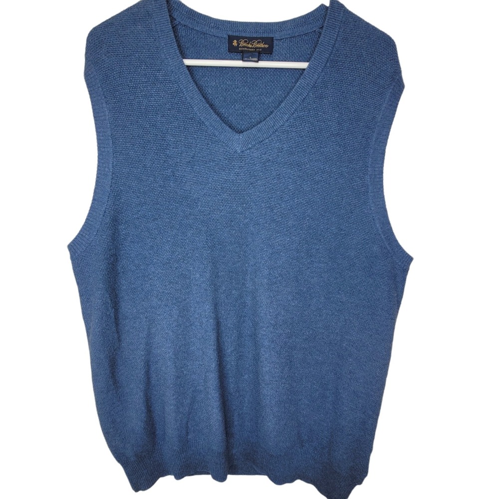 Brooks Brothers V-Neck Sweater Vest Adult Large Blue Cotton Cashmere Blend Mens